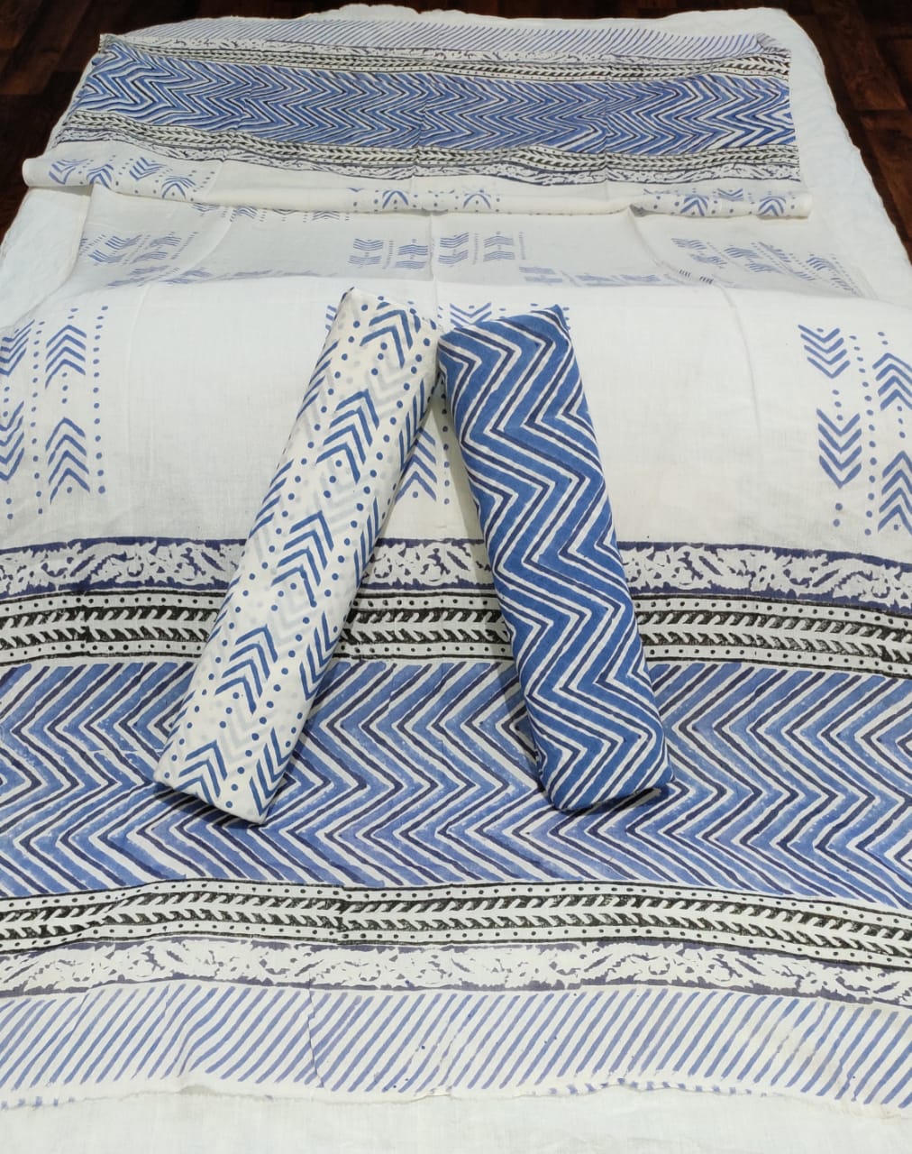 Navy Blue With White Handblock Printed Cotton Dress Material