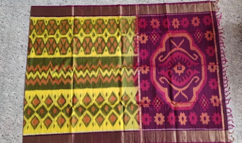 Mustard With Purple Zari Border Ikkat Sico Saree