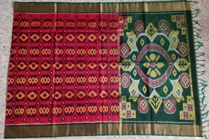 Red With Dark Green Zari Border Ikkat Sico Saree