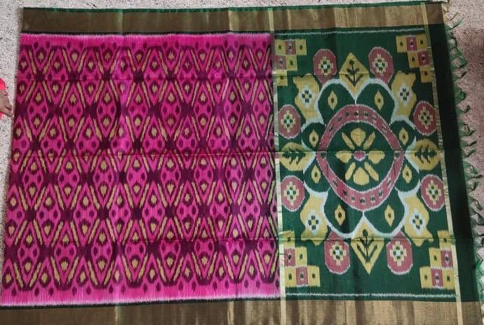 Hot Pink with Green Zari Border Ikkat Sico Saree