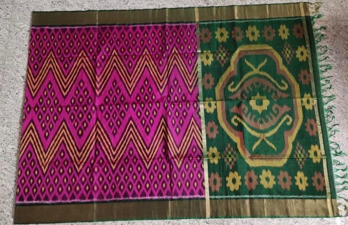 Dark Pink With Yellow And Green Zari Border Ikkat Sico Saree
