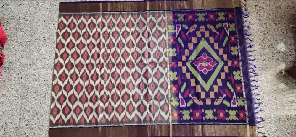 Peach With Colorful Zari Border Ikkat Sico Saree