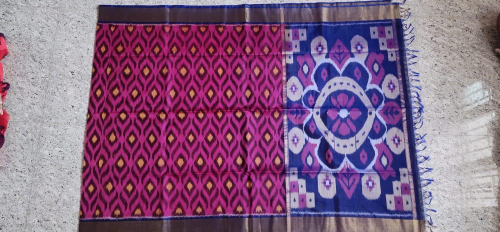 Magenta Pink With Blue Zari Border Ikkat Sico Saree