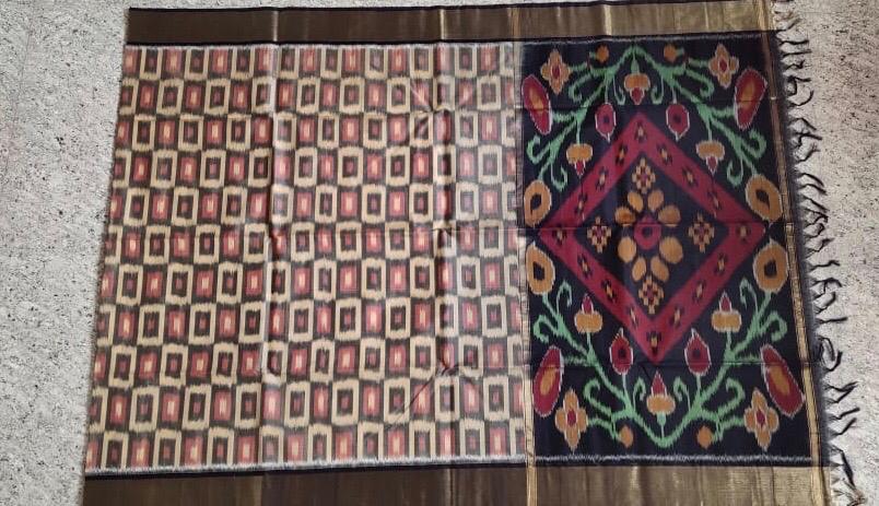 Peach And Red With Black Zari Border Ikkat Sico Saree