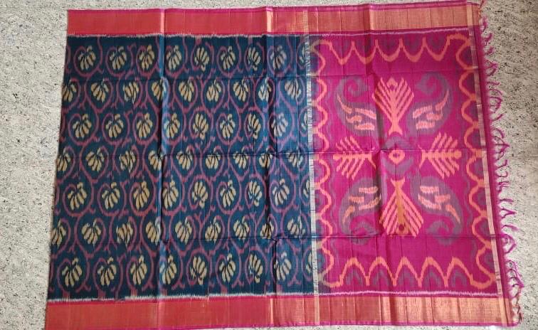 Ink Blue with Pink Zari Border Ikkat Sico Saree