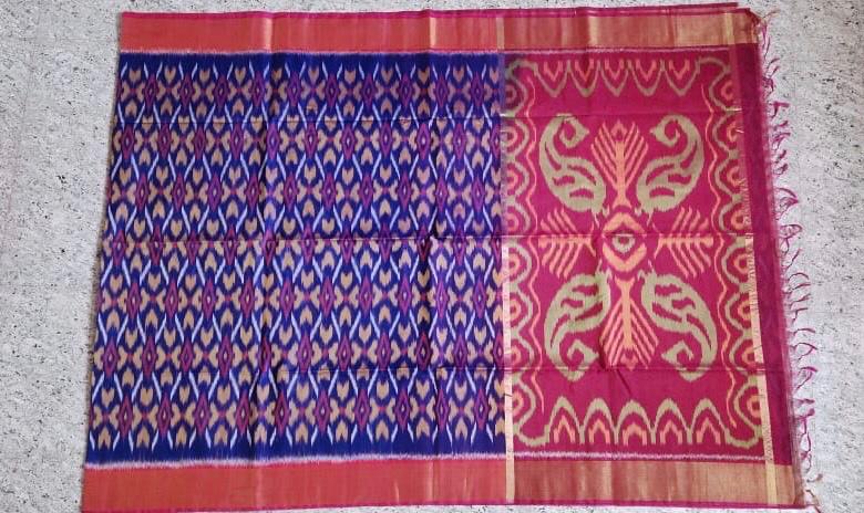 Dark Blue With Peach & Pink Zari Border ikkat Sico Saree