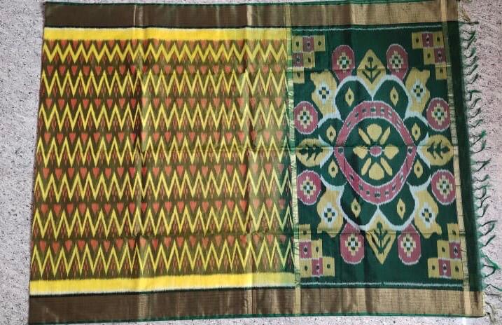 Mustard Yellow With Green Zari Border Ikkat Sico Saree
