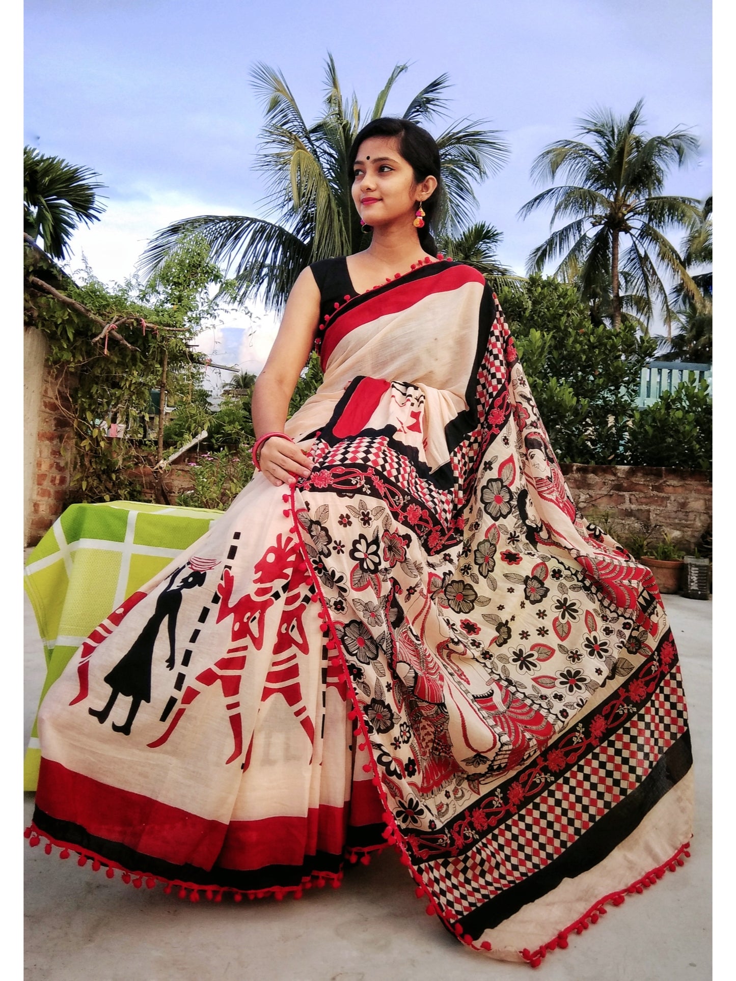 Beige Cotton Saree with Tribal Printed Border-TCS001