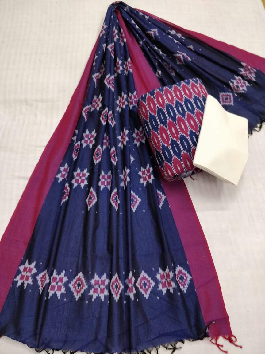 Ikkat Cotton Dress Material Navy Blue and Maroon
