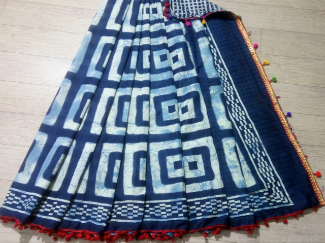 Indigo Splash Cotton Saree with Pom Pom Border-TCS043