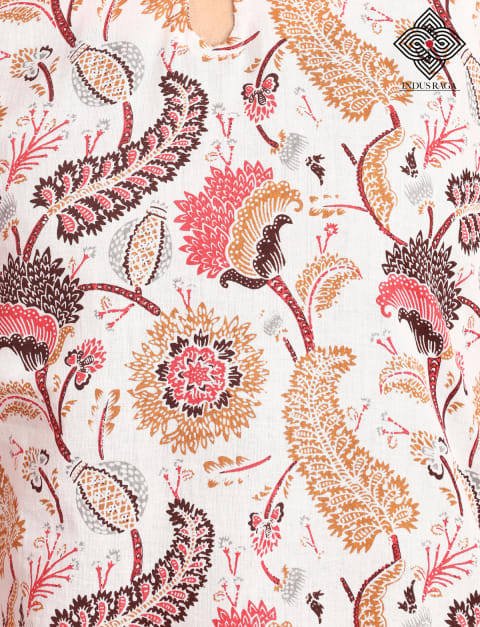 Cambric Abstract Print A-Line Kurti for Women White