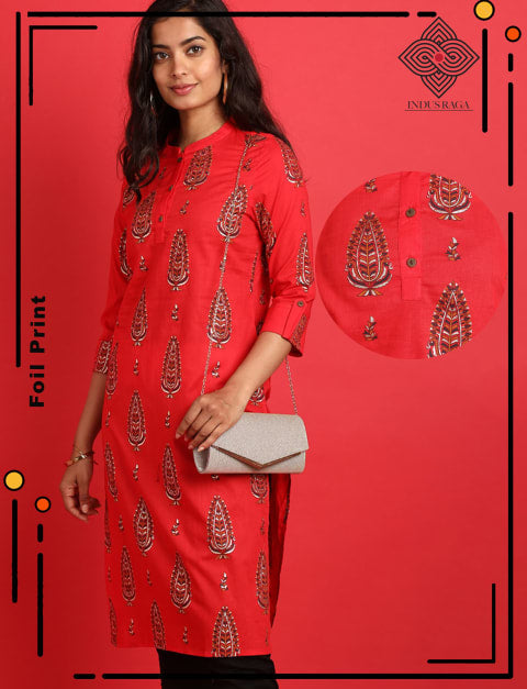 Cambric Foil Print Straight Kurti for Women Red