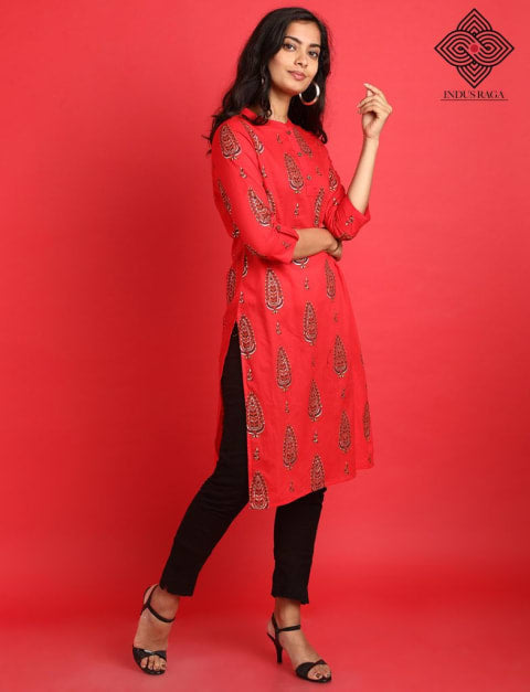 Cambric Foil Print Straight Kurti for Women Red