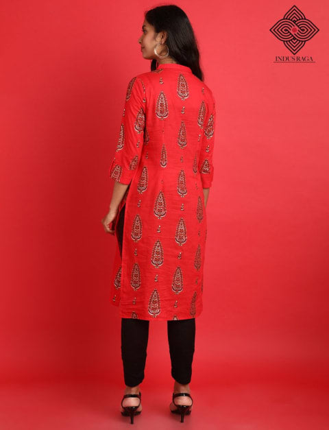 Cambric Foil Print Straight Kurti for Women Red