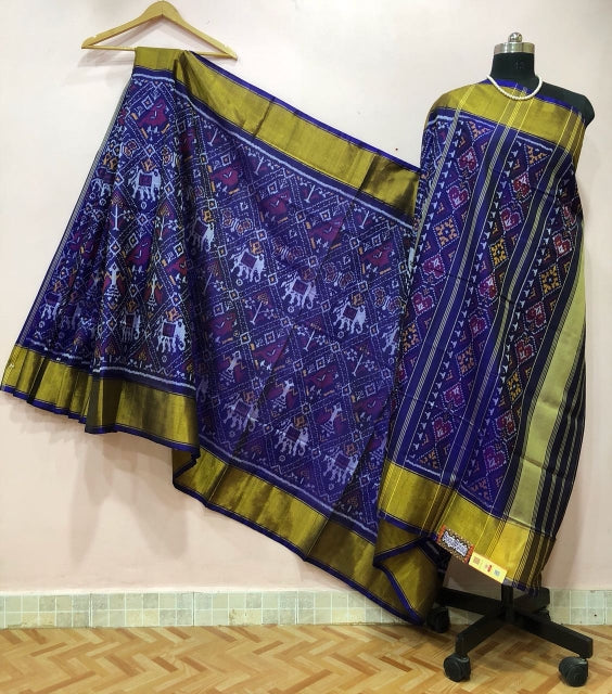 Ink Blue Elephant Motif with Golden Border Patola Silk Saree-PPSRE-062