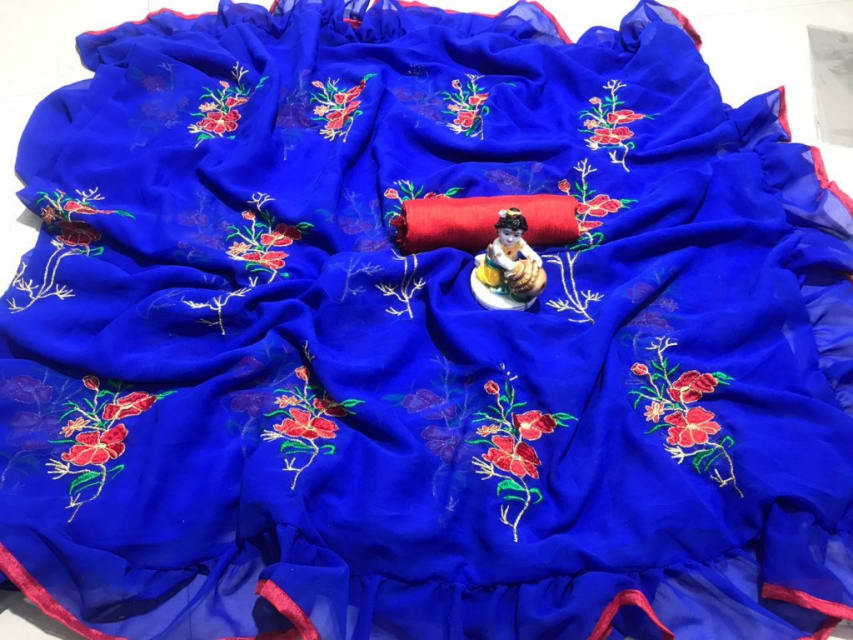 Ink Blue Ruffles Saree with Floral Embroidery-RS005
