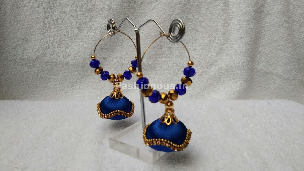 Ink Blue and Golden Beaded Silk Thread Jhumkas-STJH-067