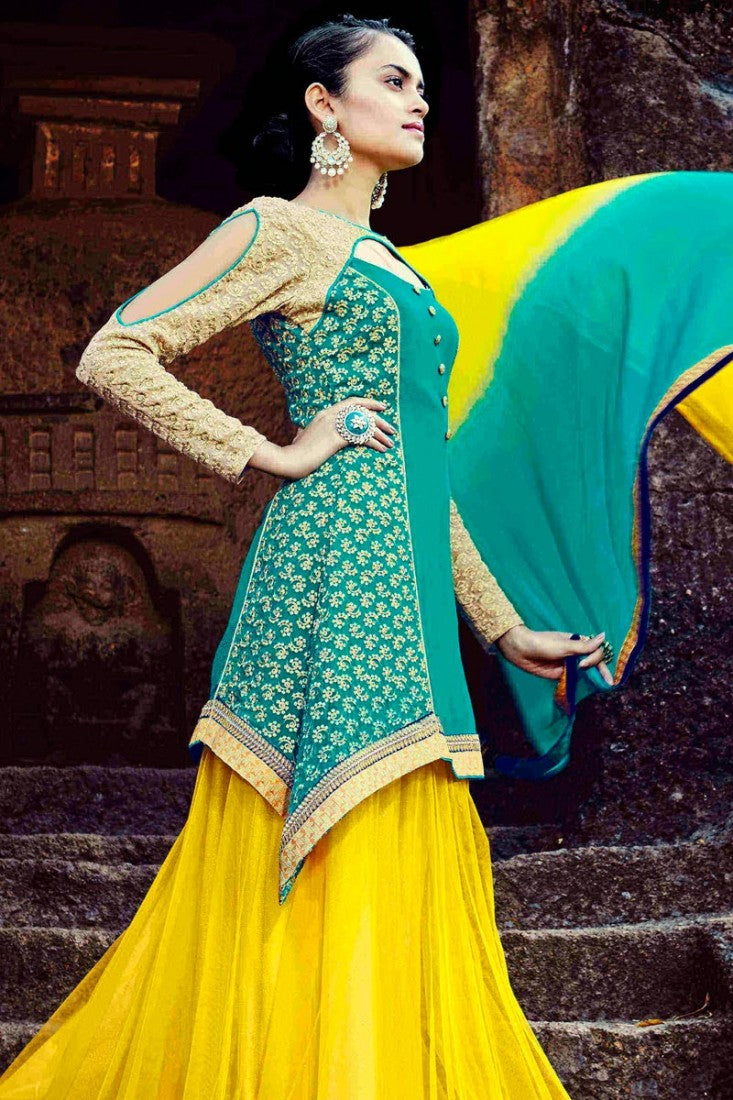 Enchanting Teal and Yellow Lehenga Choli