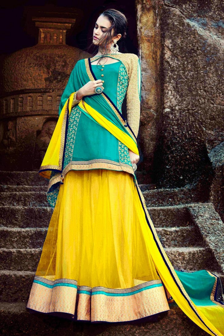 Enchanting Teal and Yellow Lehenga Choli – Fashionous
