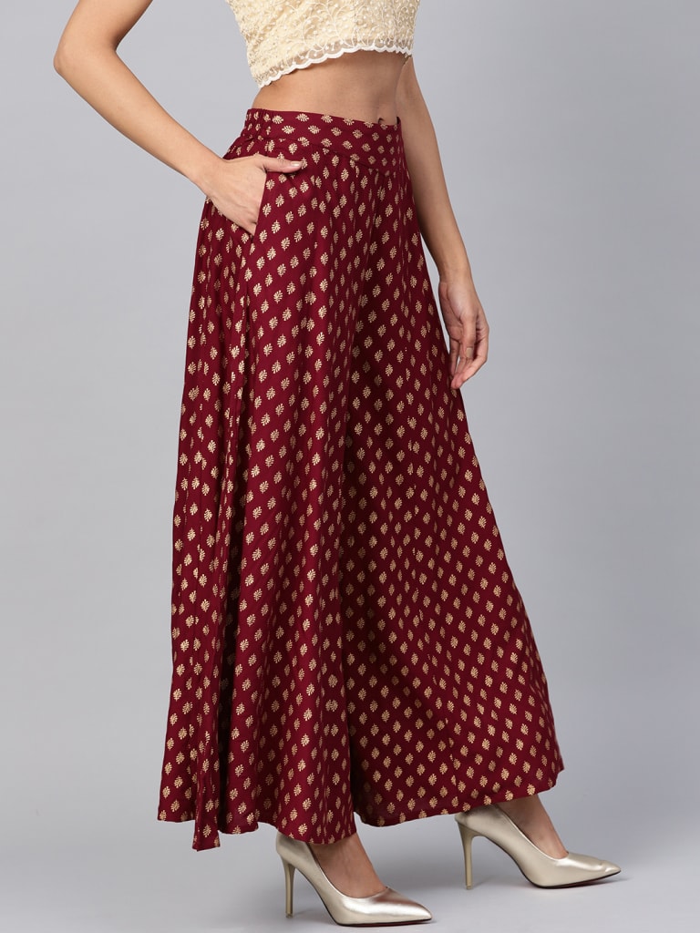 Juniper Maroon Rayon Printed Flared Palazzo