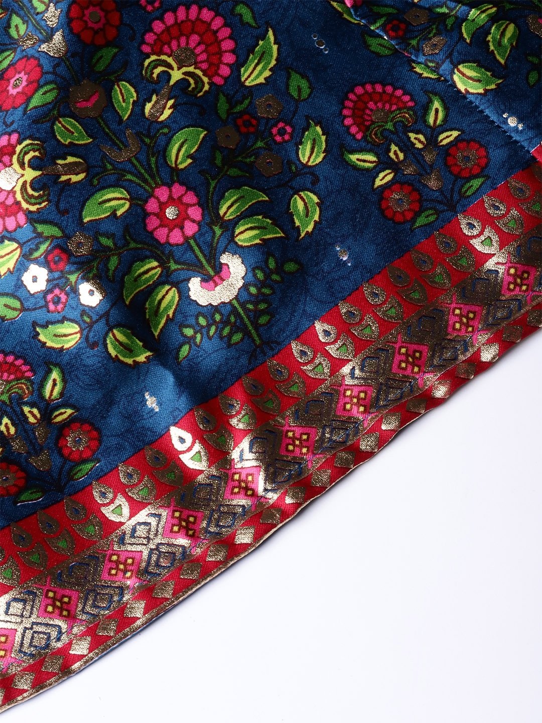 Teal Satin Printed Kalidar Lehenga Choli Set