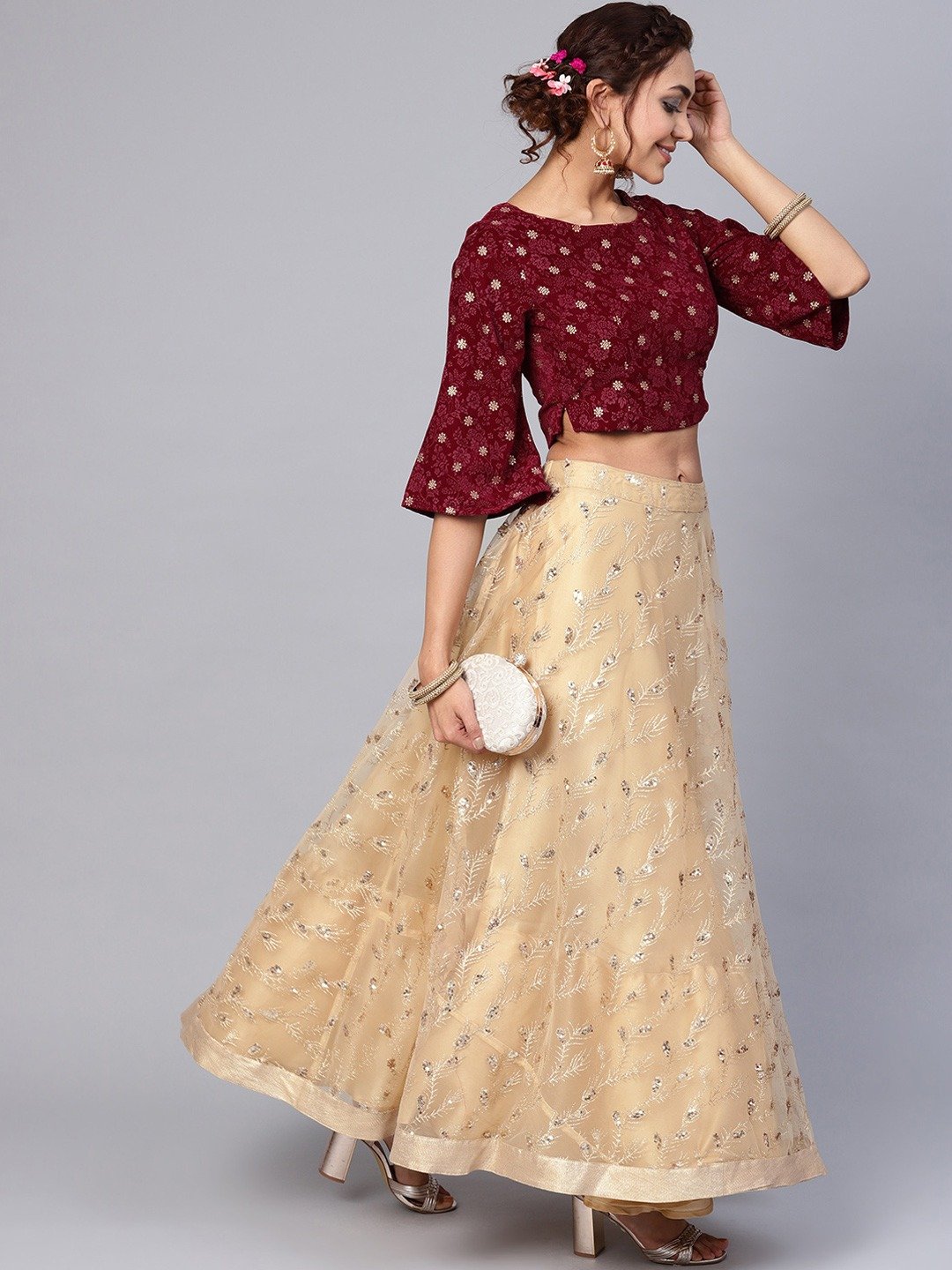 Gold Net Embellished Lehenga Choli Set_Maroon and Beige