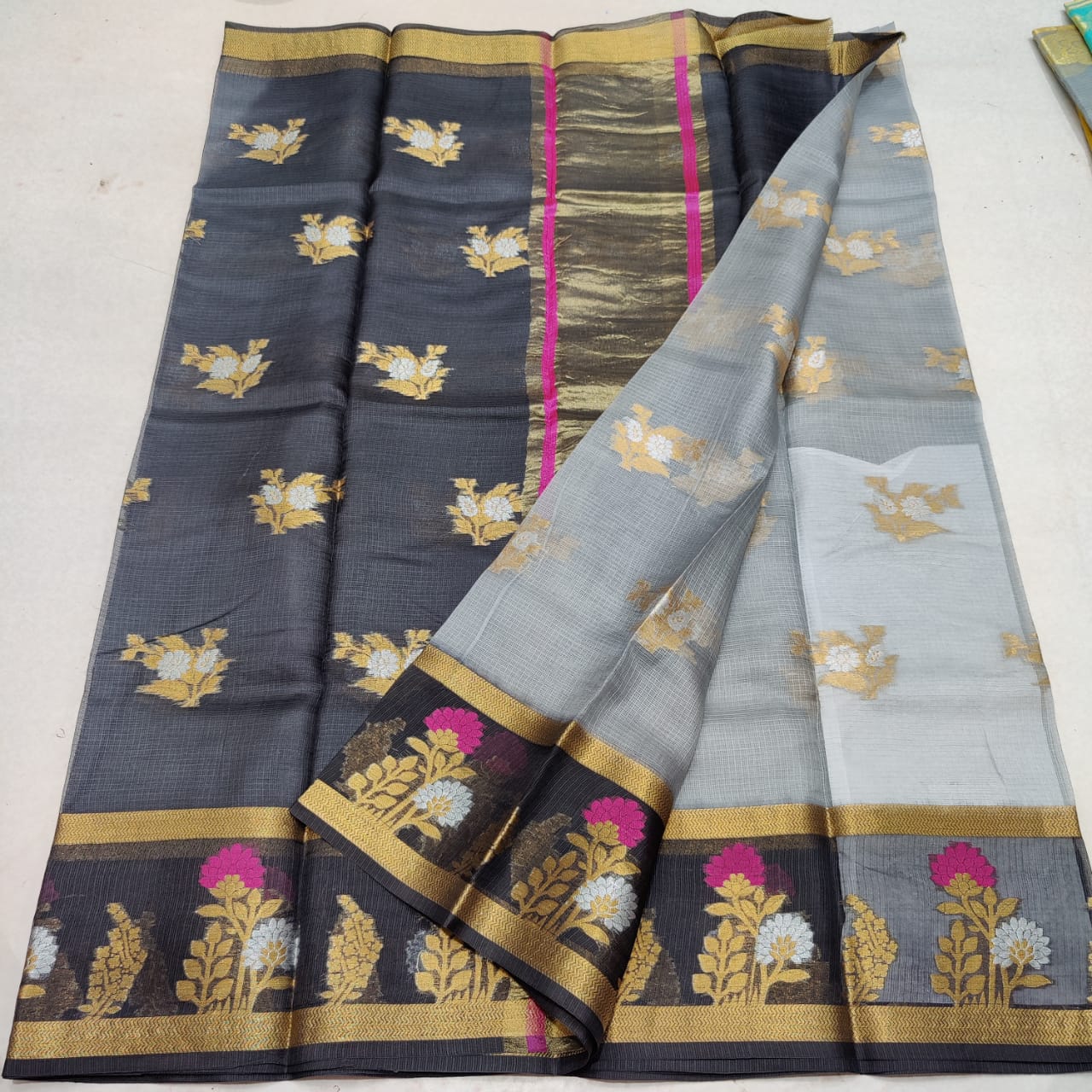 KPS - 010 Kota Pure Silk Weaving Saree Silver and Black Combo