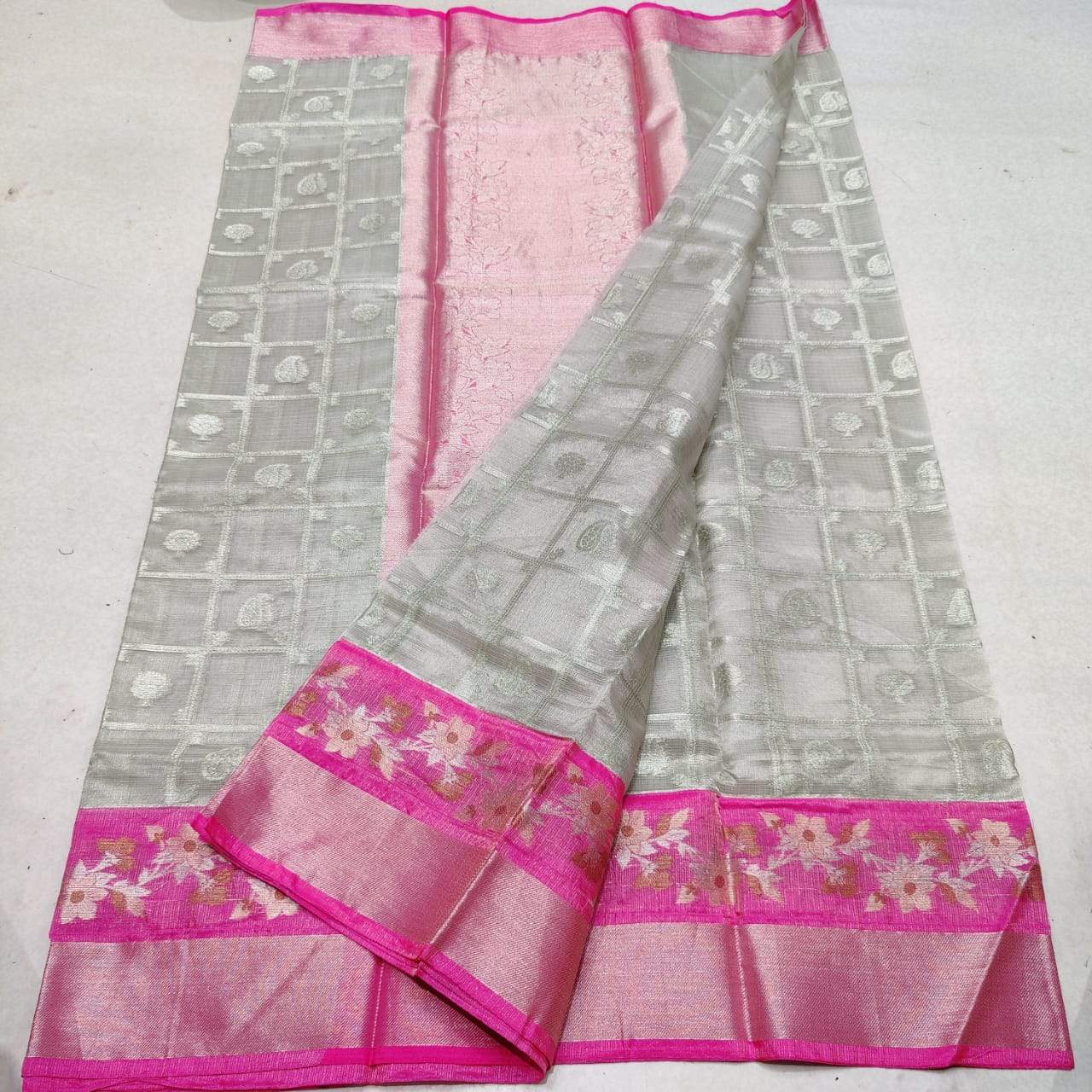KPS - 006 Kota Pure Silk Saree Silver and Pink Combo