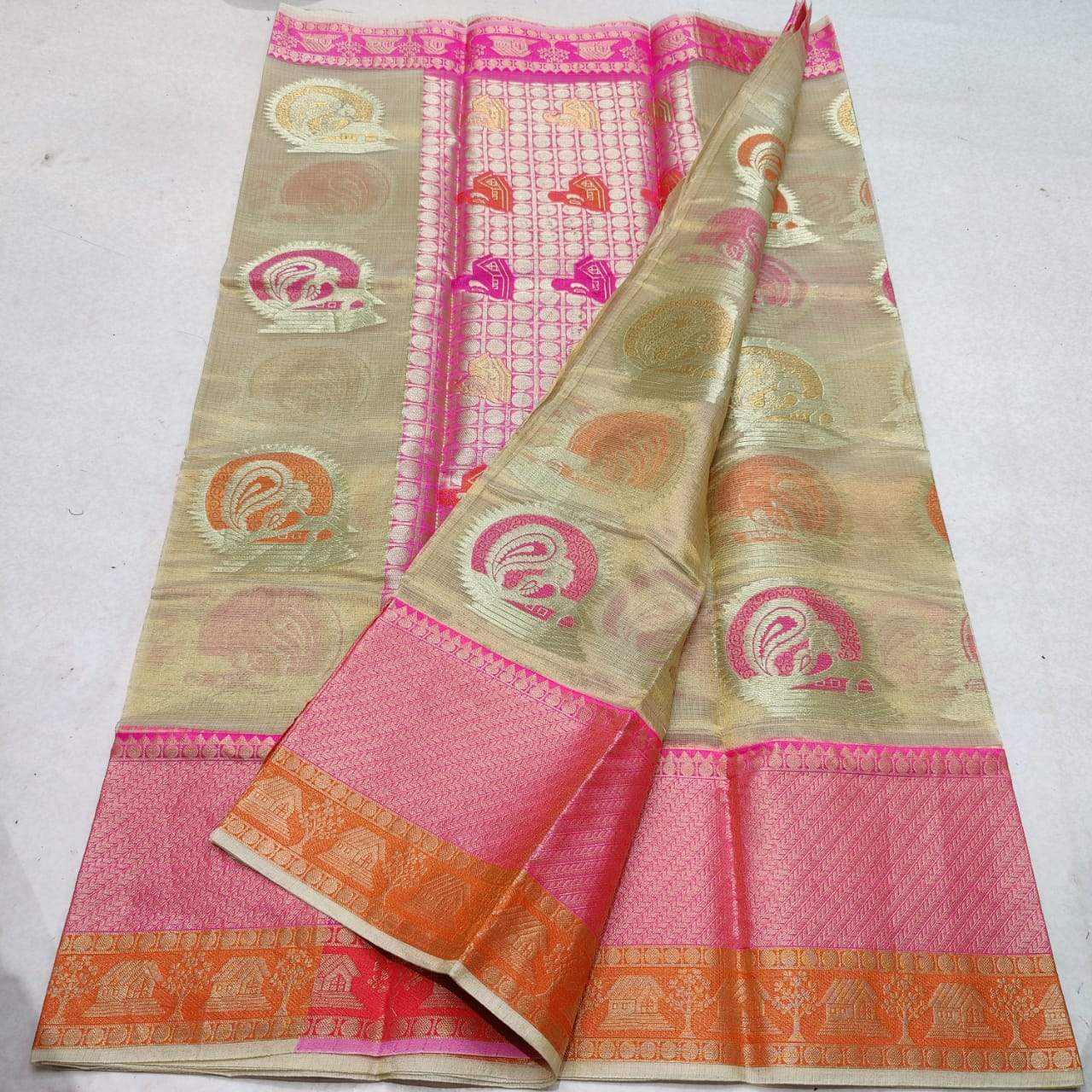KPS - 007 Kota Pure Silk Saree Gold and Pink Combo