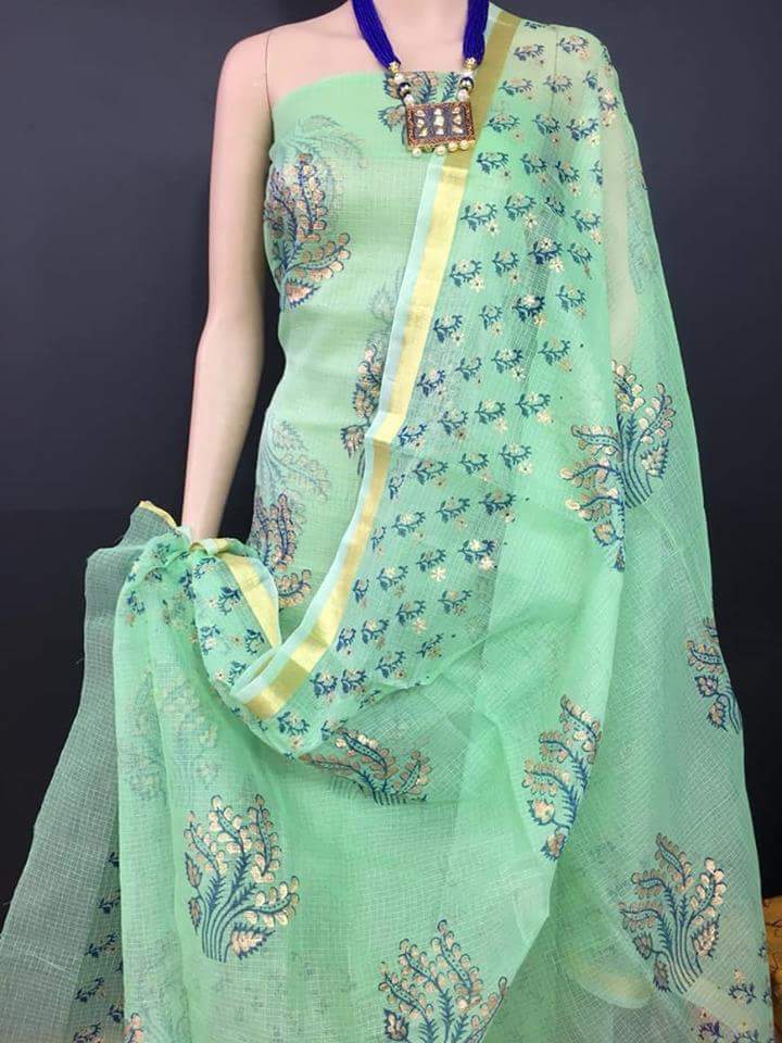 Aquamarine Angel Kota Cotton Golden Printed Dress Material-KCDM013 Light green coloured salwar set