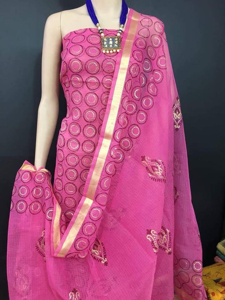 Flower Blossoms Kota Cotton Golden Printed Dress Material-KCDM014 Dark pink coloured printed set