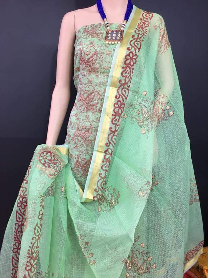 Scented Seafoam Kota Cotton Golden Printed Dress Material-KCDM015 Light blue-green colour trendy set