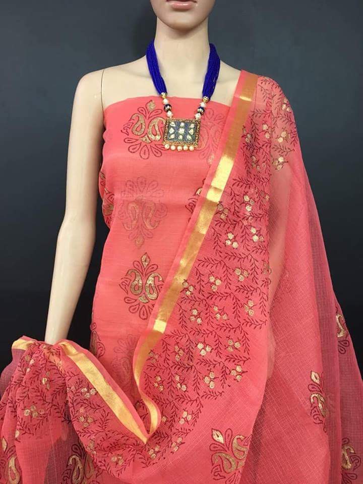 Peppy Peach Kota Cotton Golden Printed Dress Material-KCDM016 Peach coloured grand salwar set