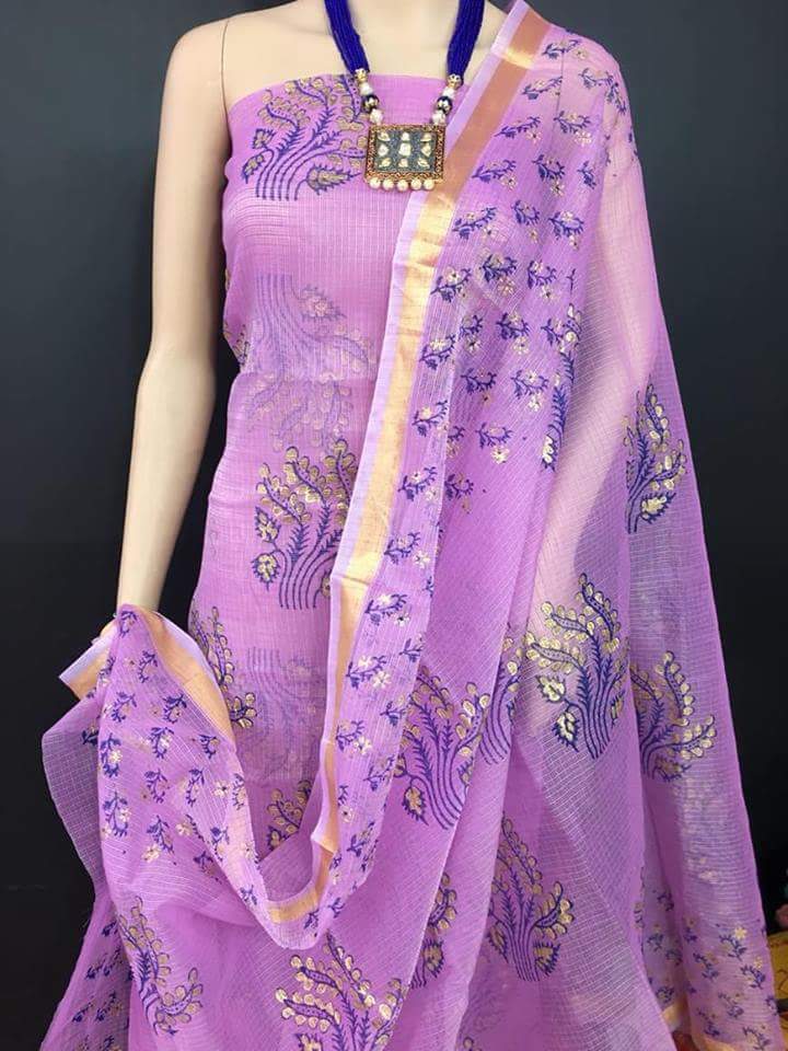 Blooming Orchids Kota Cotton Golden Printed Dress Material-KCDM019 Lavender lightweight attractive