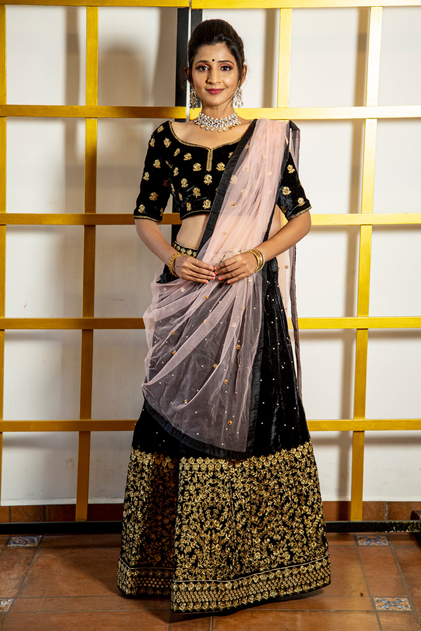 Rudra creation Semi Stitched Velvet Embroidered Work Bridal Lehenga