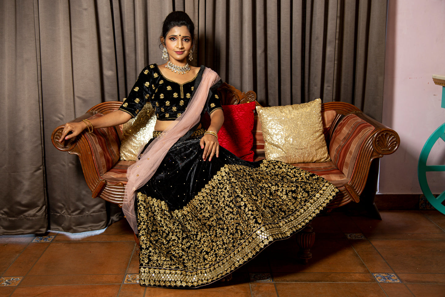 Rudra creation Semi Stitched Velvet Embroidered Work Bridal Lehenga