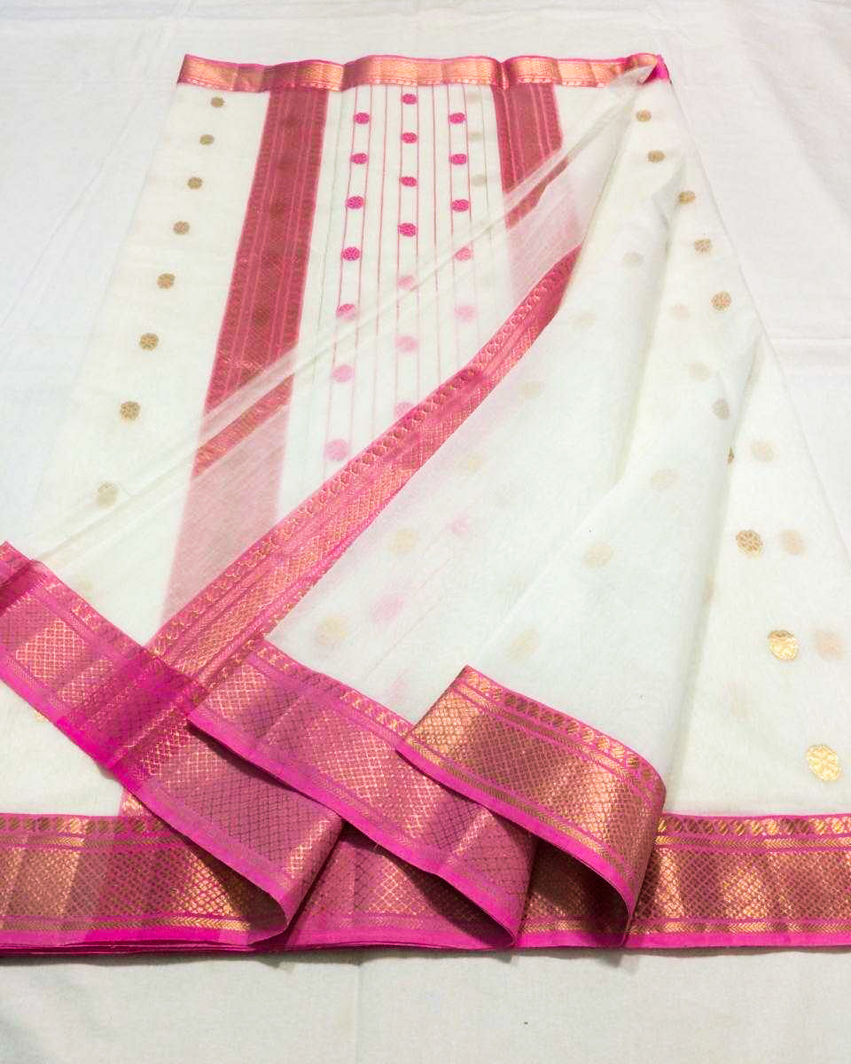 Ivory Chanderi Silk Saree With Pink Border- CSH020