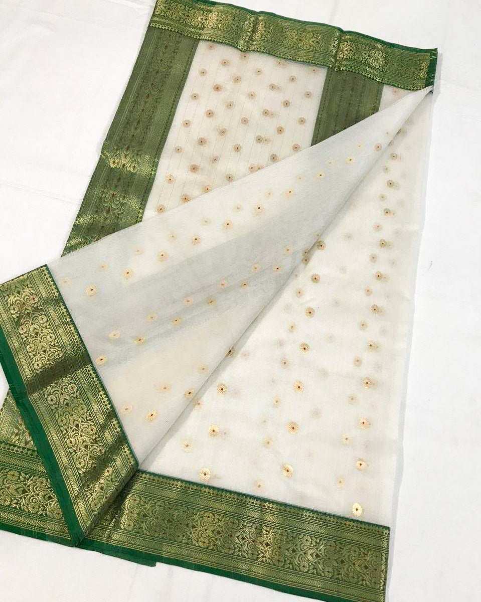 Pure Chanderi Silk Saree With Green Border- CSH010