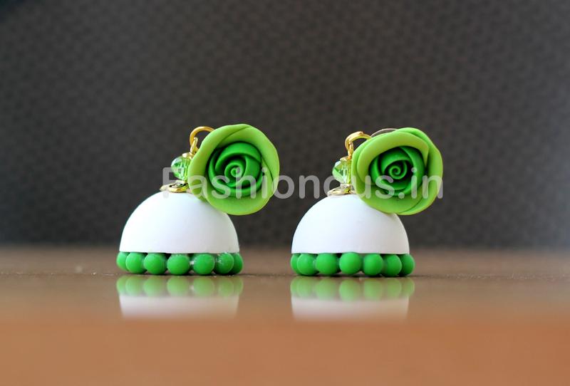 Leaf Green Rose Floral White Jhumka-ZAPCJH-025