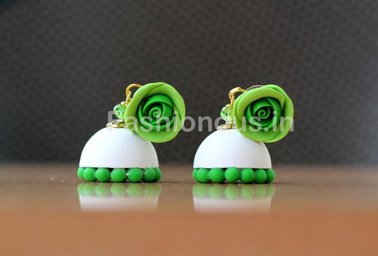 Leaf Green Rose Floral White Jhumka-ZAPCJH-025