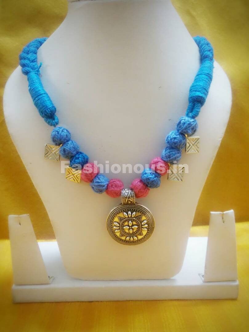 Light Blue and Pink thread balls with Silver antique Pendant German Silver Jewellery Set