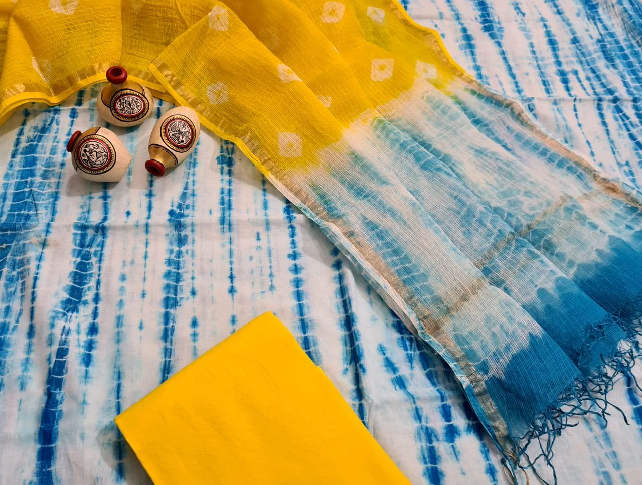 Light Blue and Yellow Handblock Unstitched Printed Cotton Suit