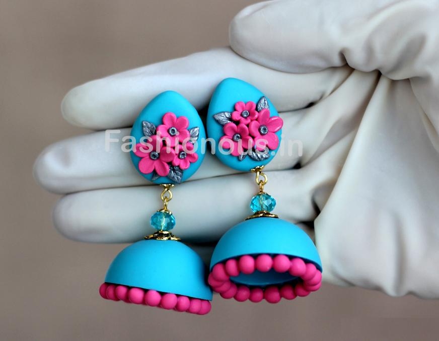 Light Blue with Pink Floral Jhumka-ZAPCJH-007