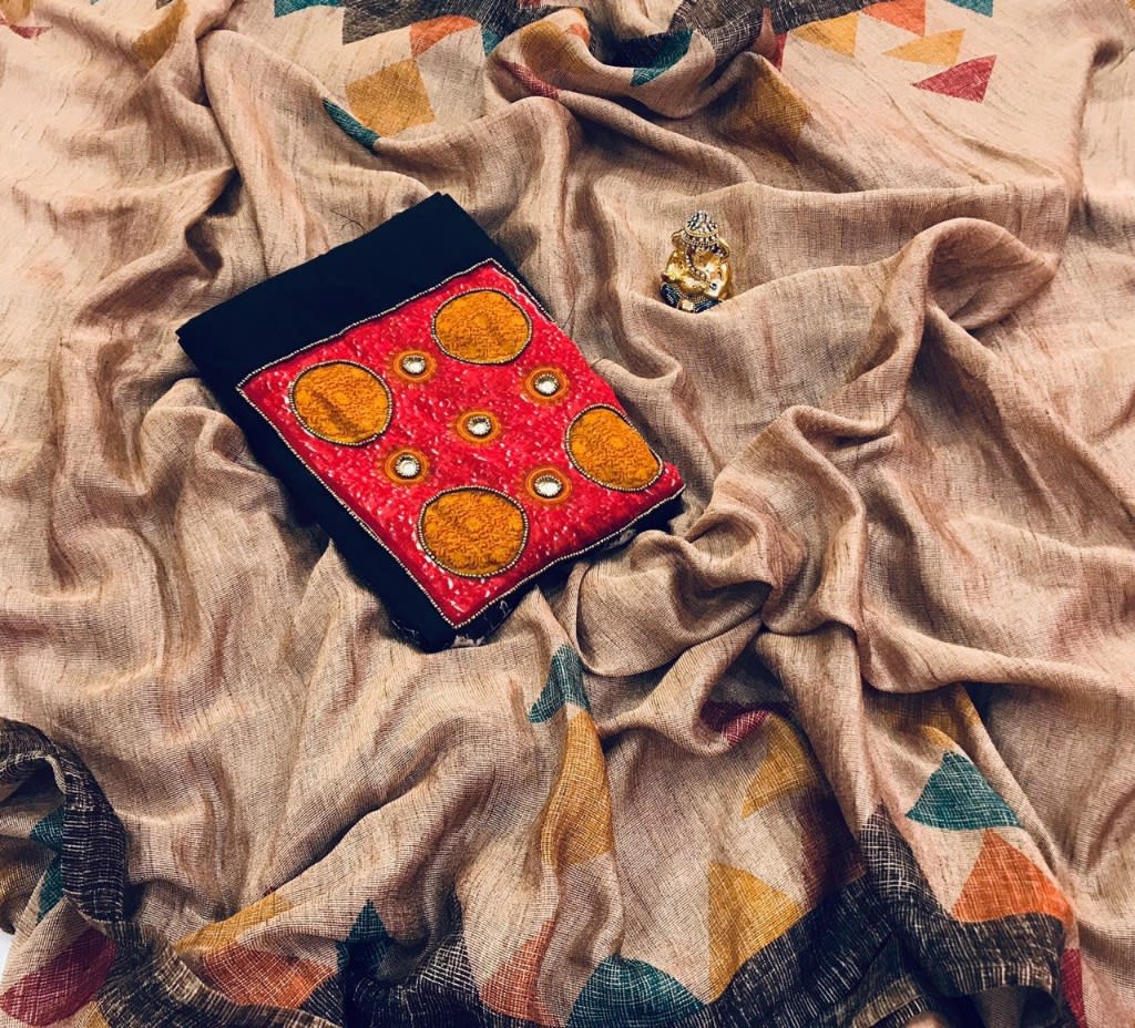 Light Brown Linen Saree with Embroidered Blouse-LNU004