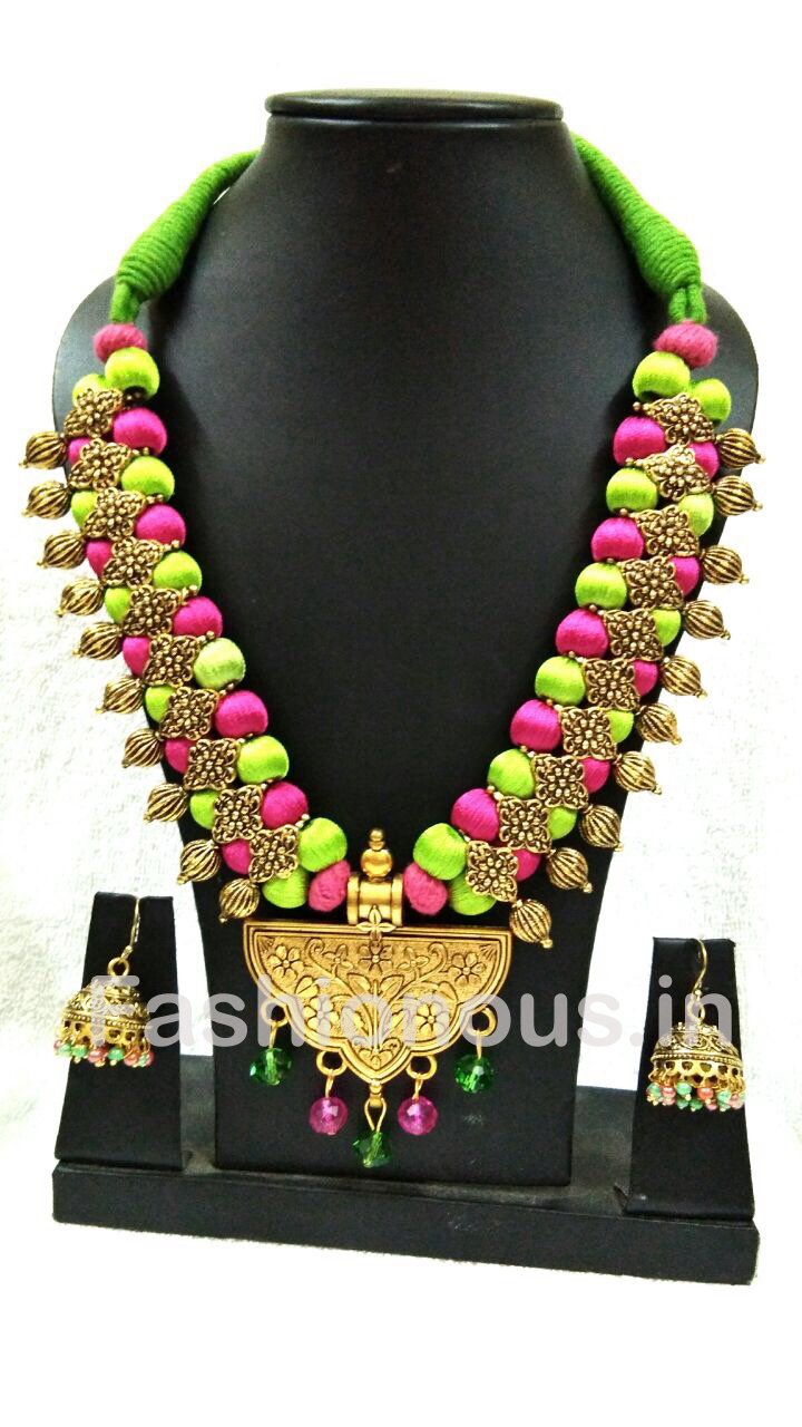 Light Green And Pink Silk Thread Beads With Oxidized Pendant And Earrings-OXDJSW-014
