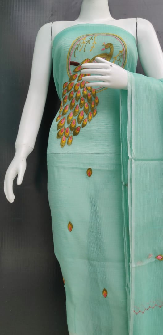 Light Green Peacock Embroidered Kota Dress Material