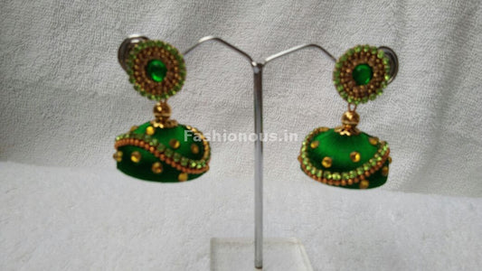 Light Green and Golden Beaded Silk Thread Jhumkas-STJH-068