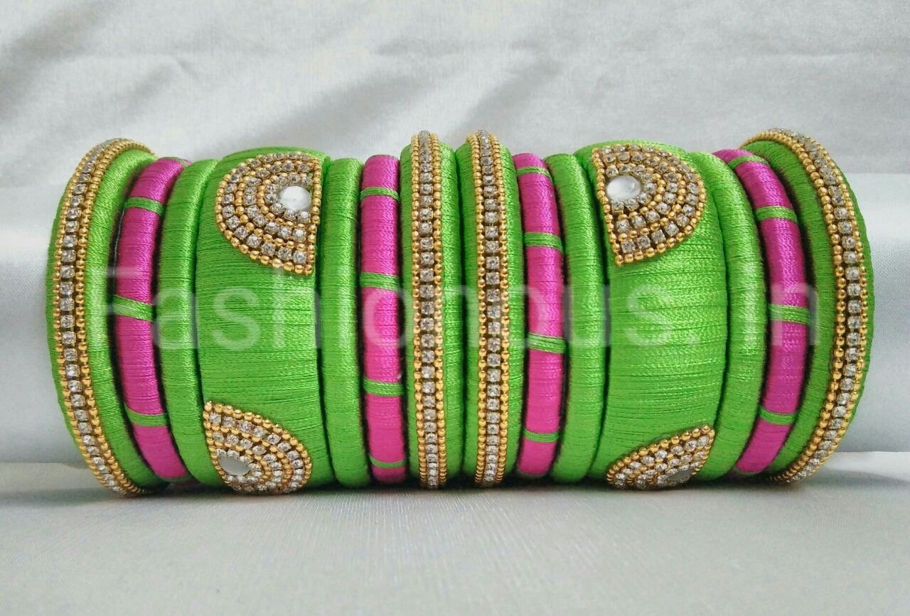 Light Green and Pink Silk Thread Bangle Set-STBS-015