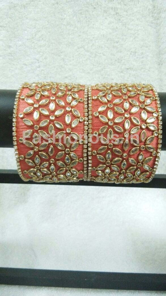 Light Orange Floral Stone Worked Silk Thread Bangle Pair-STJSW-017