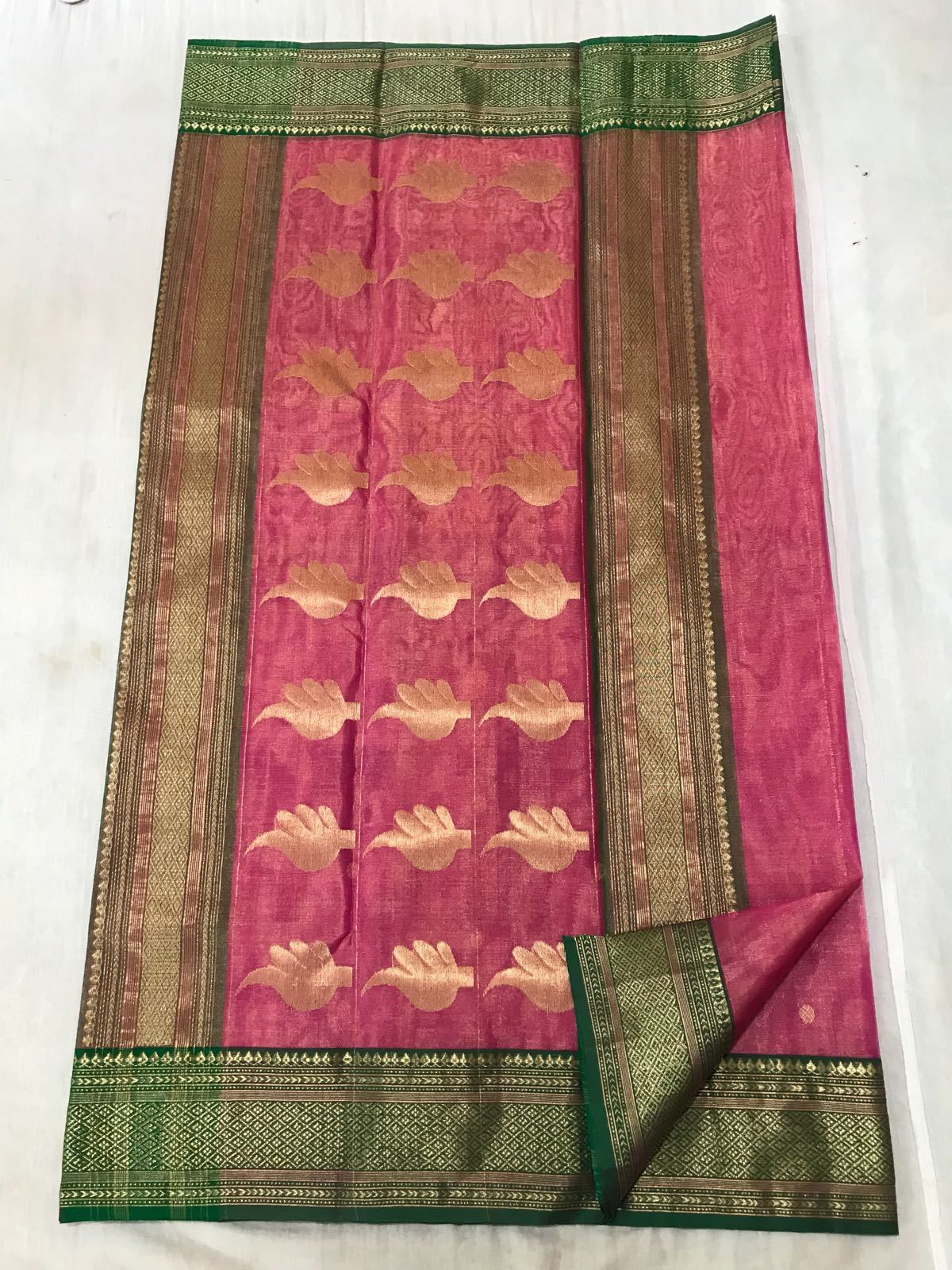 Light Pink with Green Zari Border Chanderi Silk Saree